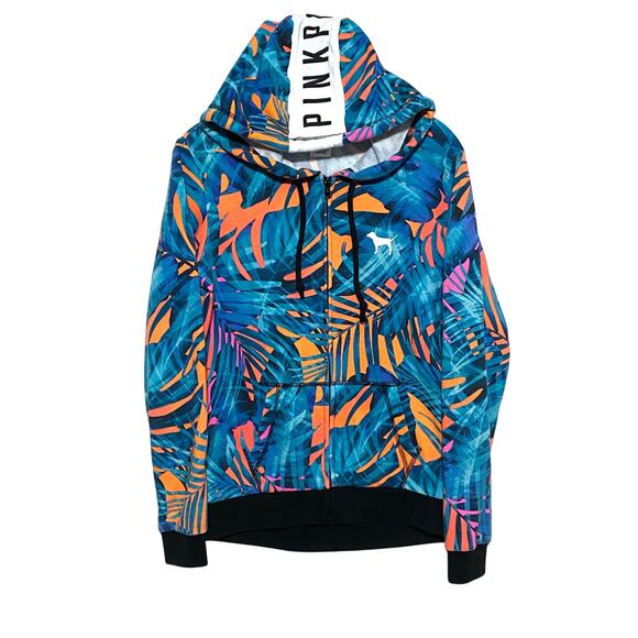 Pink Victorias Secret Spellout Zip Hoodie Jacket XS Tropical Palms Neon Dog Logo - Picture 1 of 7